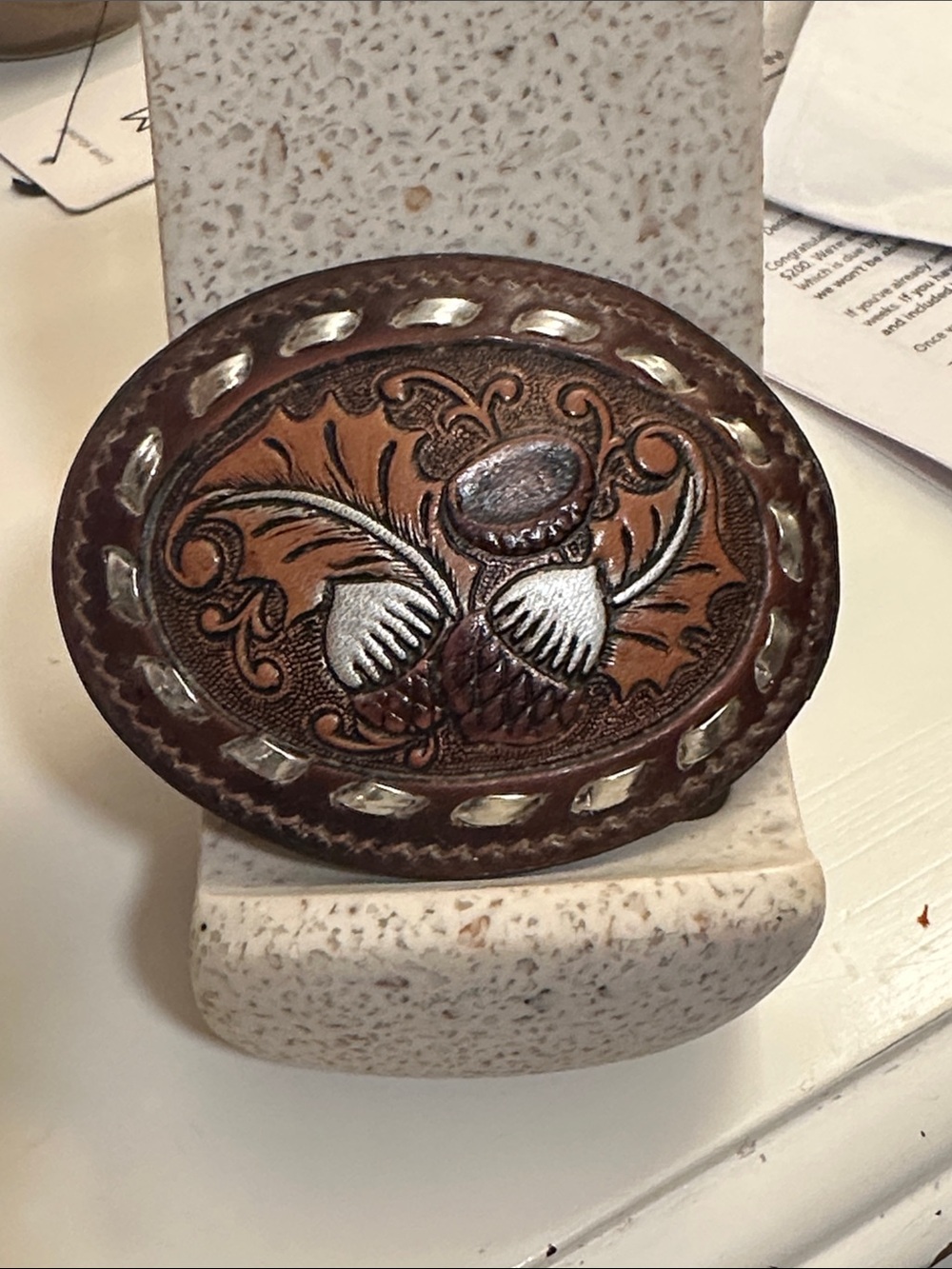 Tooled Leather Oval Belt Buckle with Acorn Motif